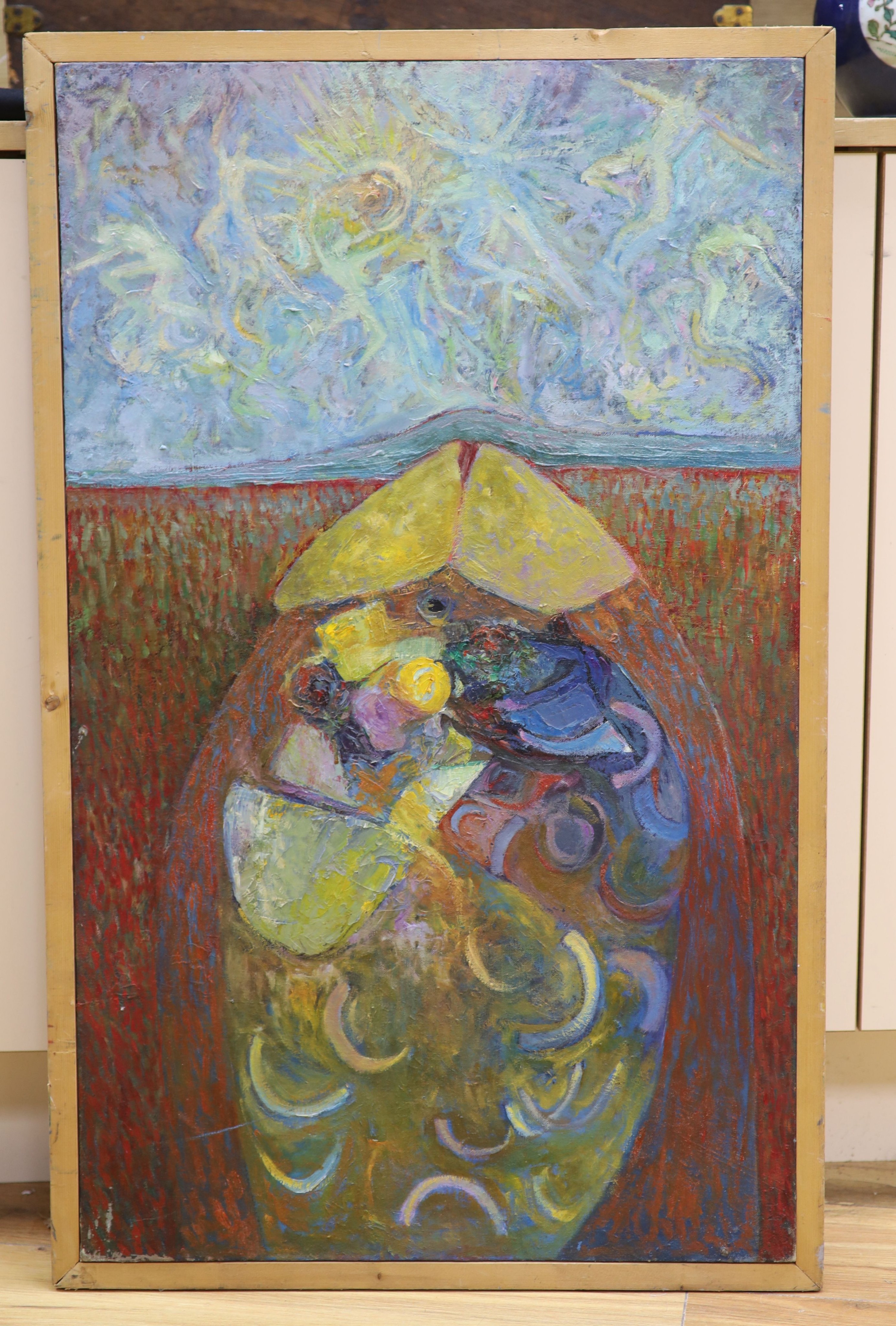 Cyril Mount, oil on canvas laid on board, 'Soft Warhead with Celestial Dancers', inscribed verso, 84 x 51cm